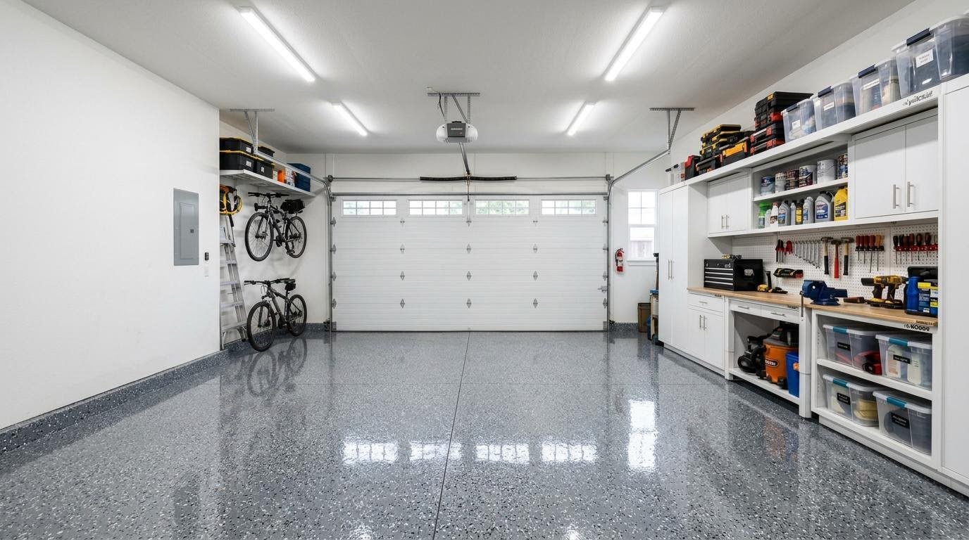Finished grey flake epoxy garage floor after coating