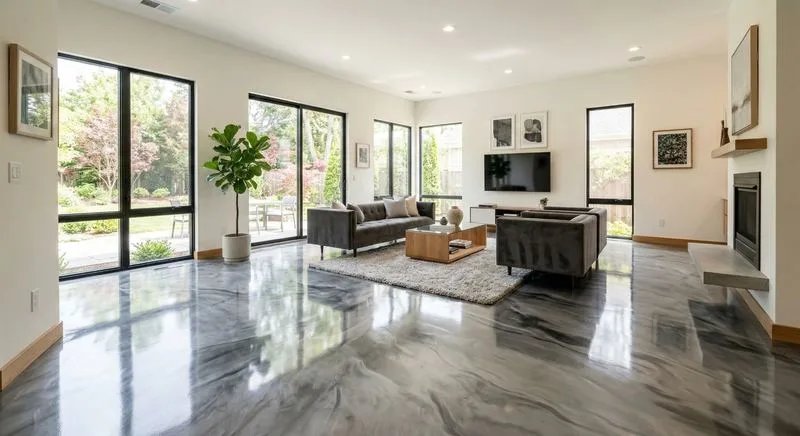 Grey metallic epoxy floor in a modern living room