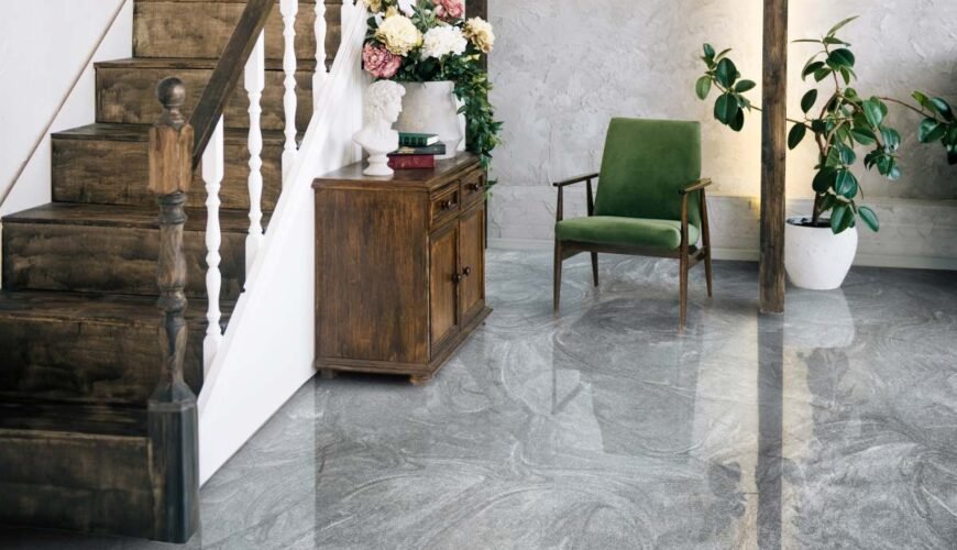Marbled epoxy floor in a home entryway