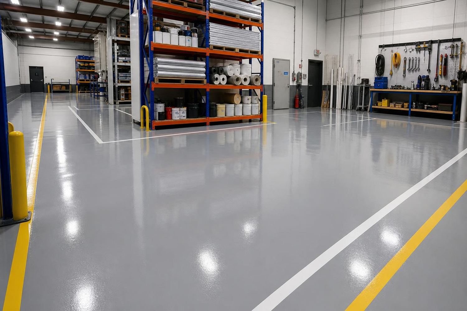 Durable dark industrial epoxy floor coating in a Waltham facility