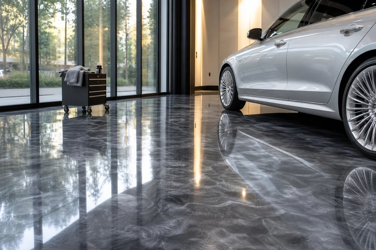 Custom marbled metallic epoxy floor installed in Waltham